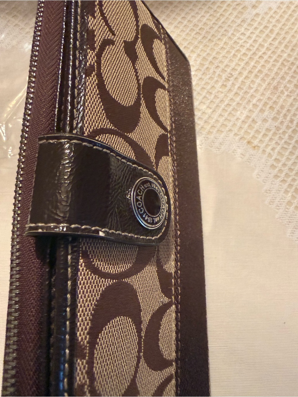 Coach Brown Signature Canvas Wallet with Dark Brown Leather Trim